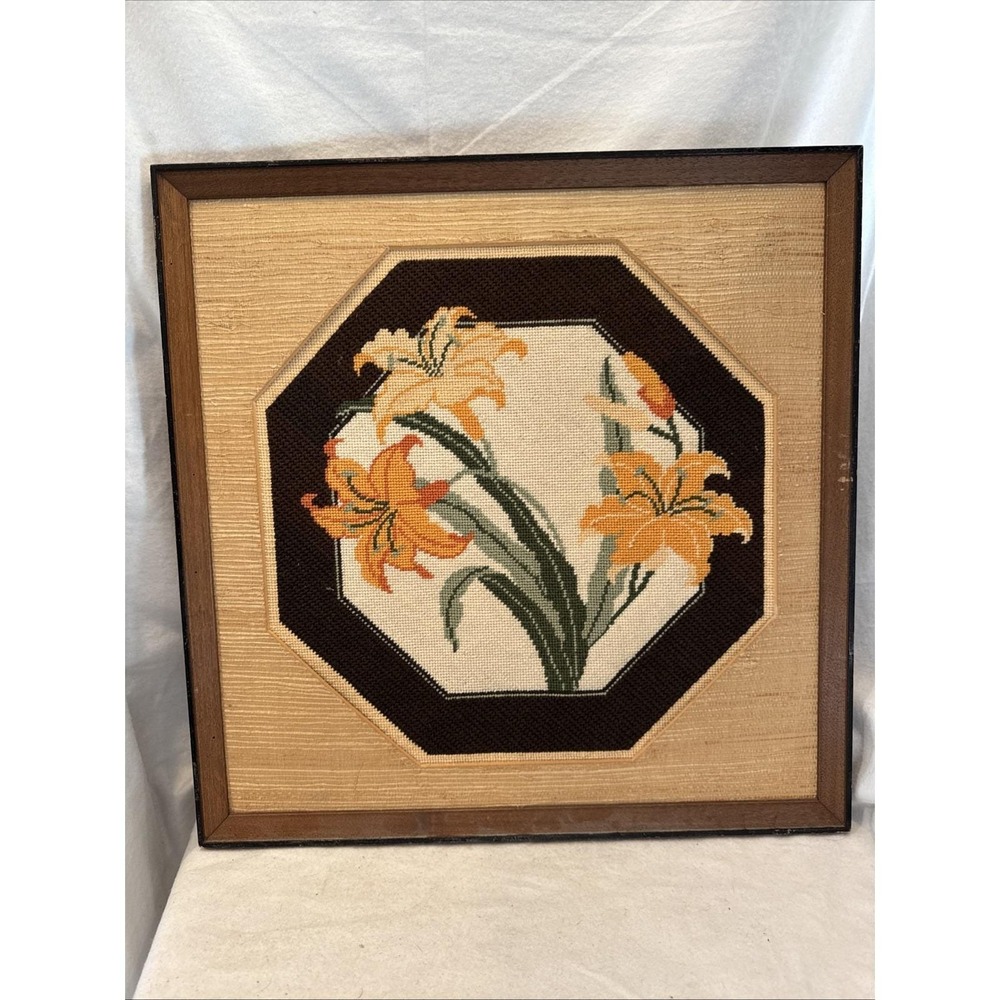 Cottagecore Needlepoint Picture Floral Lily Flowers Rare Octogon Shape Handmade